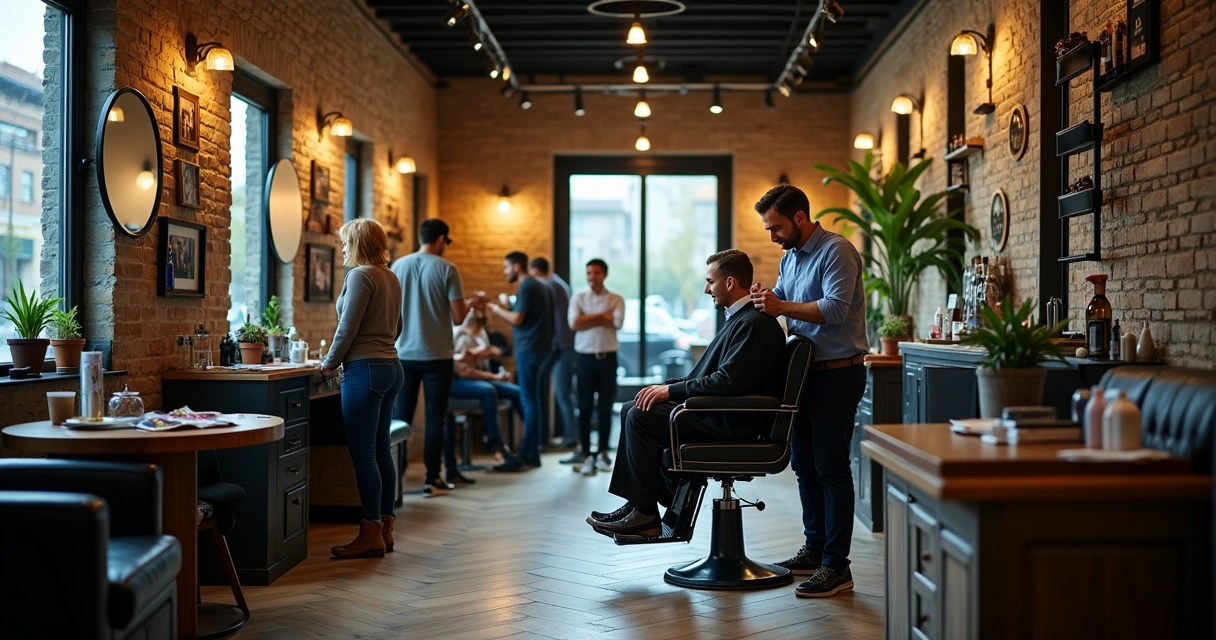 Barbearia moderna com barbeiro cortando cabelo, área de espera acolhedora e computador exibindo software de gestão.