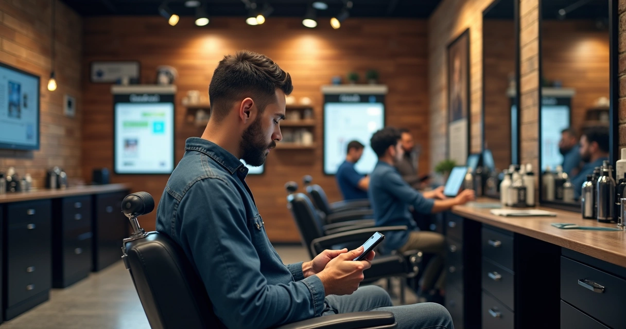 Homem sentado em cadeira de barbearia moderna, olhando para o celular enquanto espera atendimento, a iluminação do salão é suave e há equipamentos digitais ao fundo 