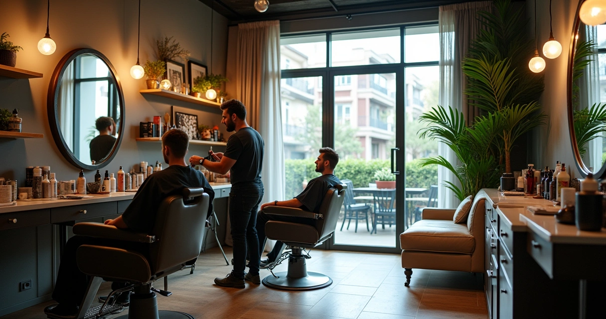 Barbearia moderna com ambiente aconchegante, homem cortando cabelo e área relaxante.