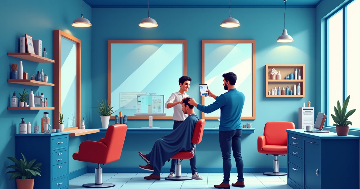 Barbearia moderna com barbeiro cortando cabelo e tablet mostrando gestão de agendamentos.