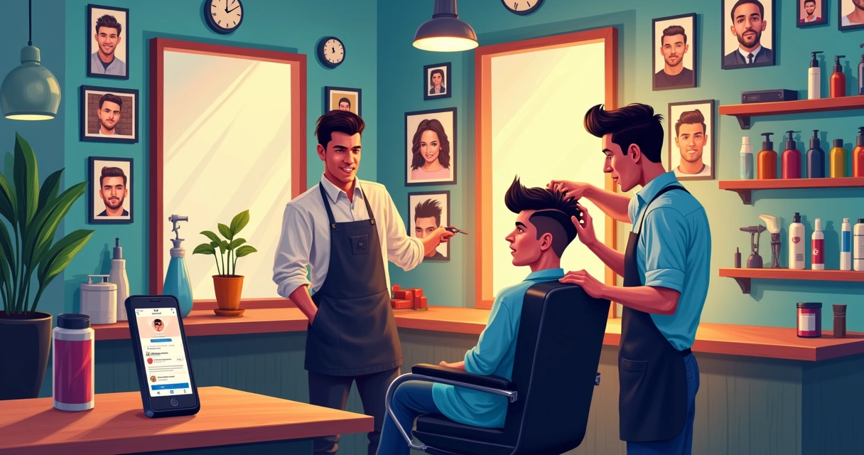 Barbearia moderna com barber cortando cabelo e postagens de redes sociais na parede.