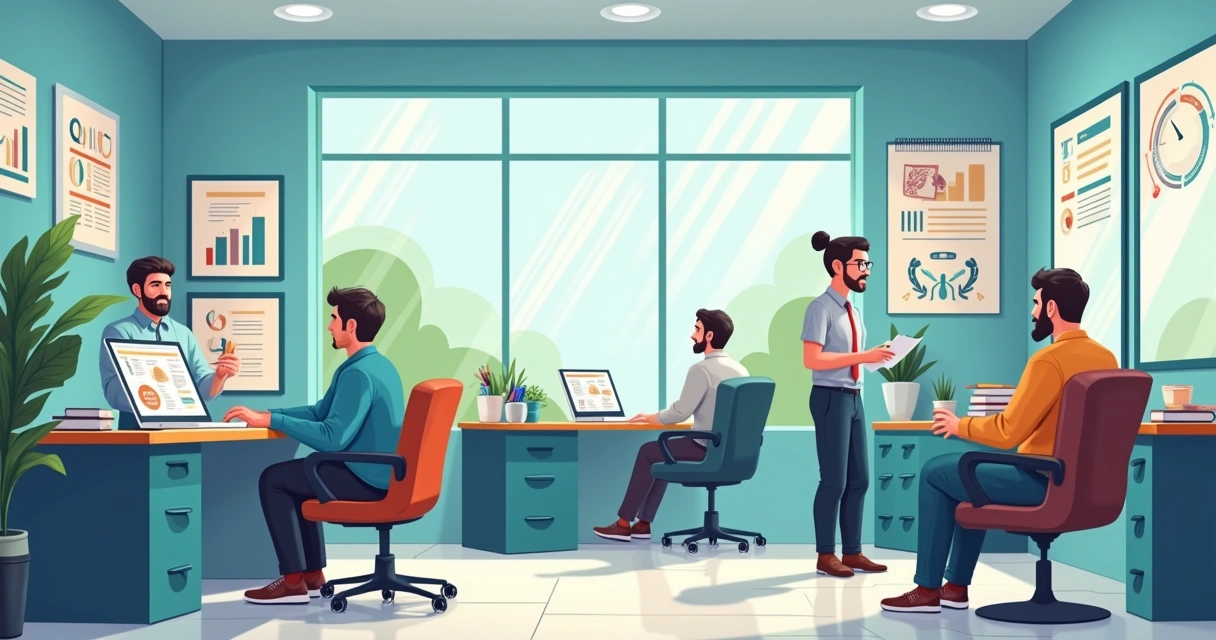 Ilustração de uma barbearia organizada com laptop mostrando gráficos financeiros e barbeares atendendo clientes.