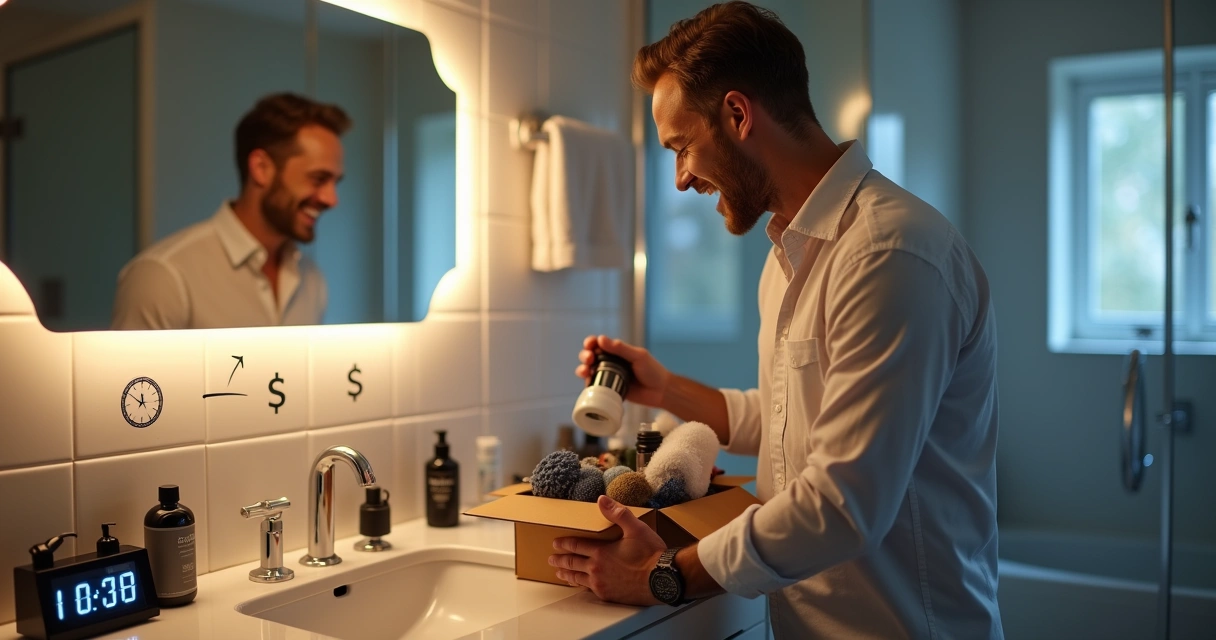 Homem desempacotando caixa de assinatura com produtos de barbearia em banheiro moderno.