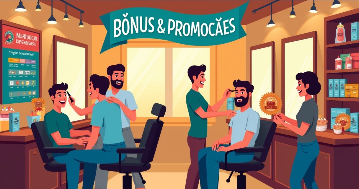Interior de barbearia animada com promoções, clientes felizes e decoração festiva, representando lealdade e recompensas.