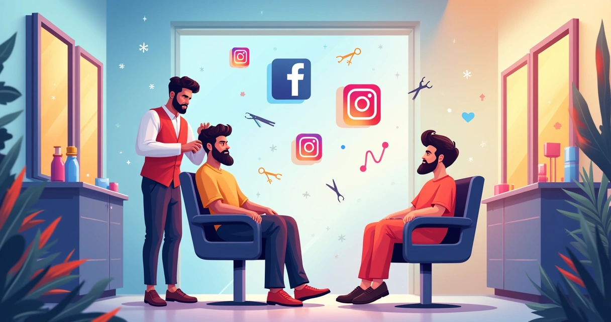 Barbershop scene with a diverse barber, modern haircuts, and social media icons showcasing engagement.