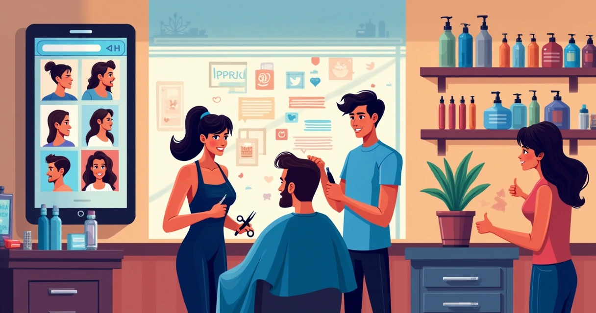Ilustração de uma barbearia movimentada com um barbeiro estilizando cabelo e interações sociais.