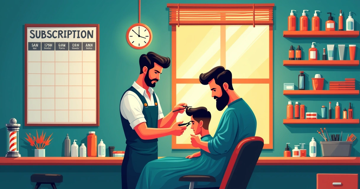 Ilustração de uma barbearia vibrante, com um barbeiro cortando o cabelo de um cliente e produtos em destaque.