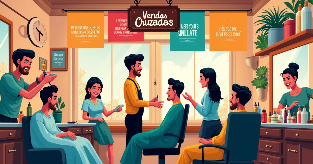 Barbershop scene with clients receiving haircuts, beard trims, and facial treatments, vibrant atmosphere.