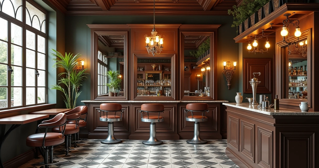 Interior de barbearia vintage com decoração elegante, cadeira clássica e espelhos grandes 