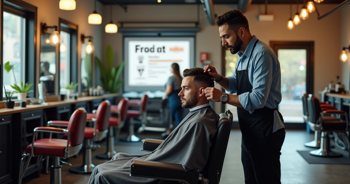 Barbeiro atendendo cliente em barbearia moderna com ambiente agradável e cadeira de barbearia 