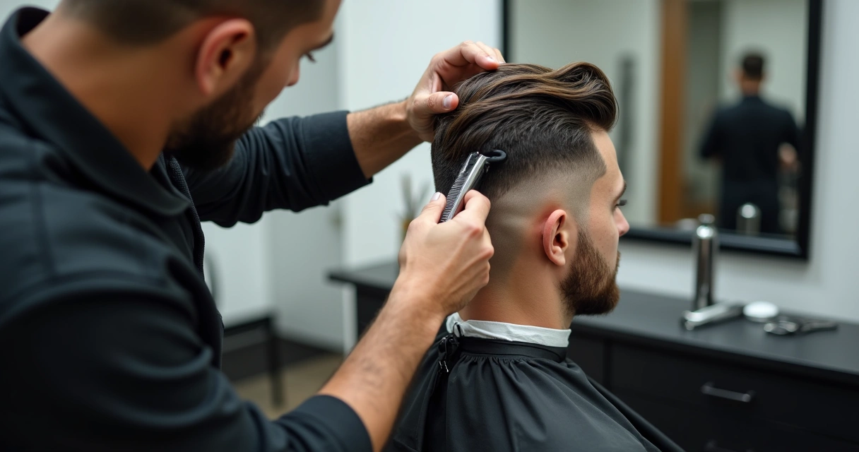 Barbeiro ajustando corte curto masculino com máquina 