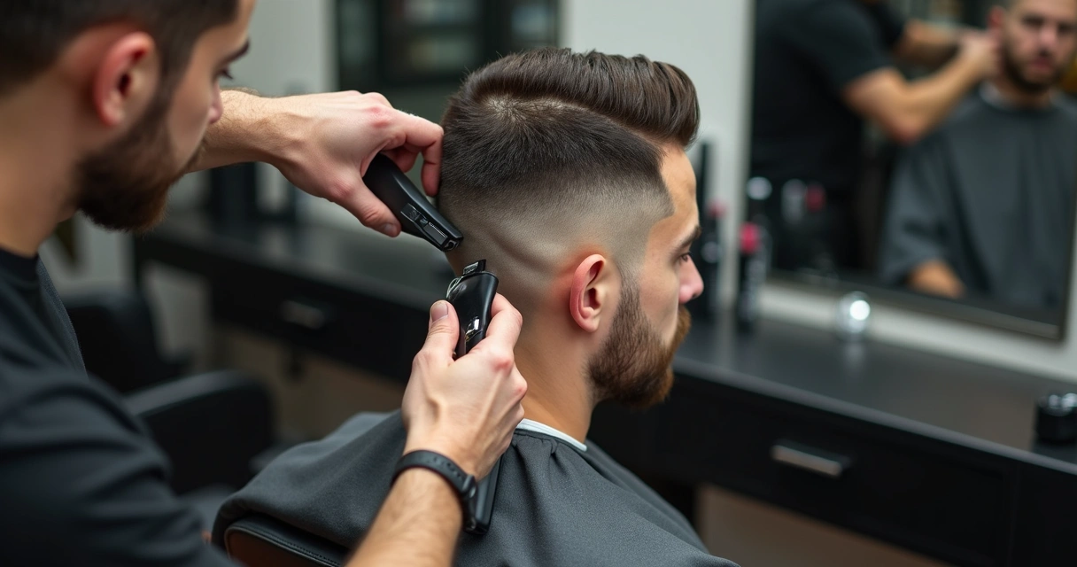 Barbeiro ajustando corte fade com máquina e pente 