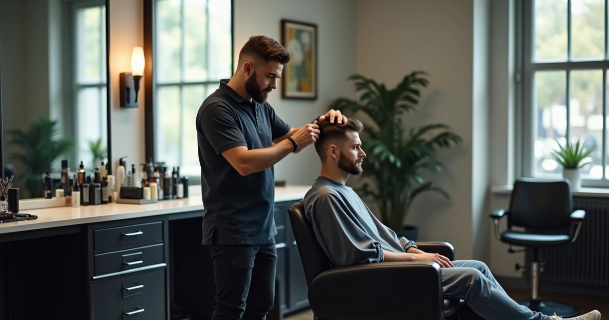 Barbeiro profissional em salão atendendo cliente na cadeira 
