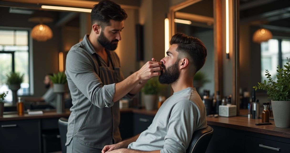 Barber shaping a client’s beard in a modern studio 