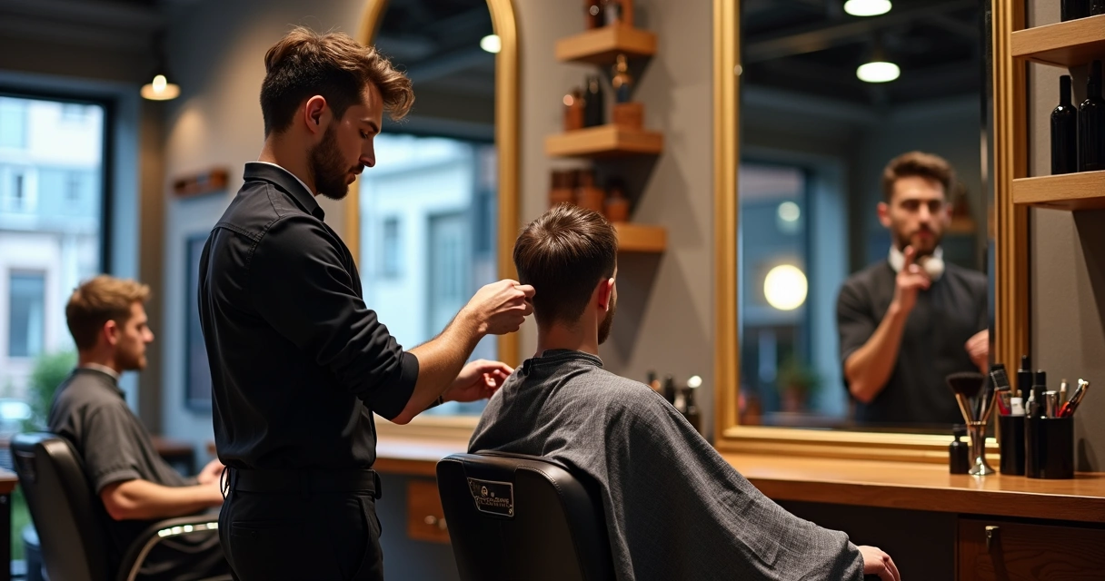 Barber consulting with client in front of mirror 