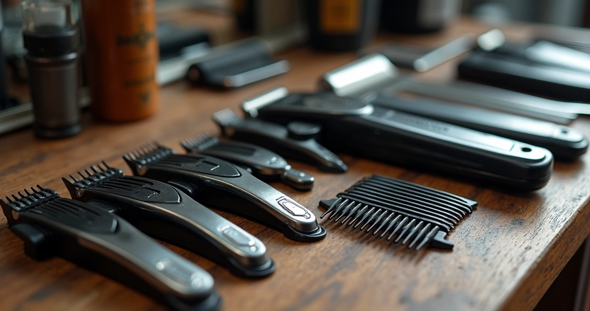 Barber clippers, guards, and combs neatly arranged on a wooden counter 