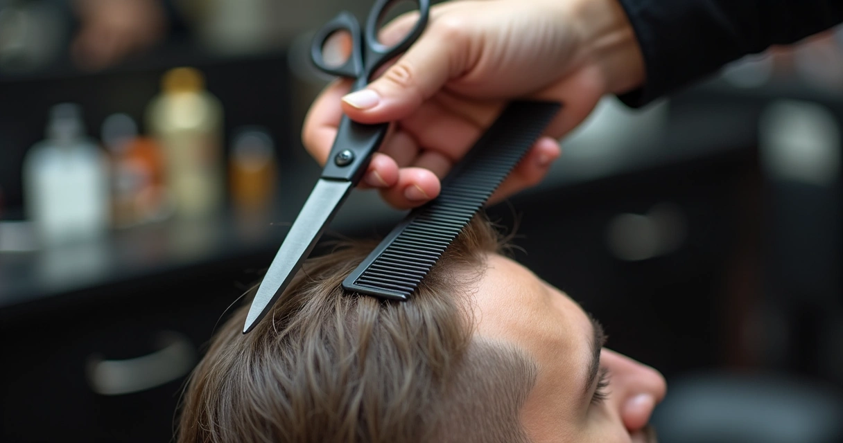 Close-up of barber’s hand holding comb and shears over client’s head 