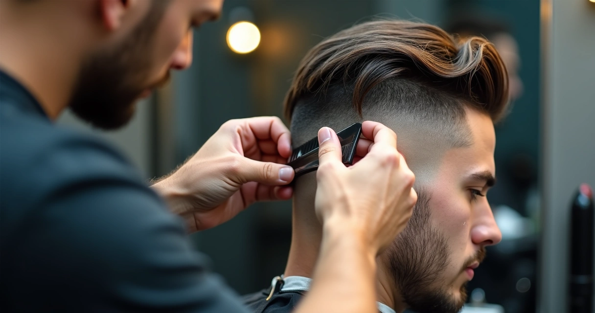 Barber finishing a haircut with close attention to detail 