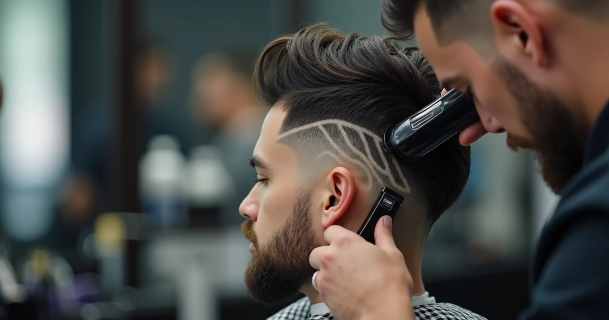 Close-up of a barber creating a shaved hair design on a fade haircut