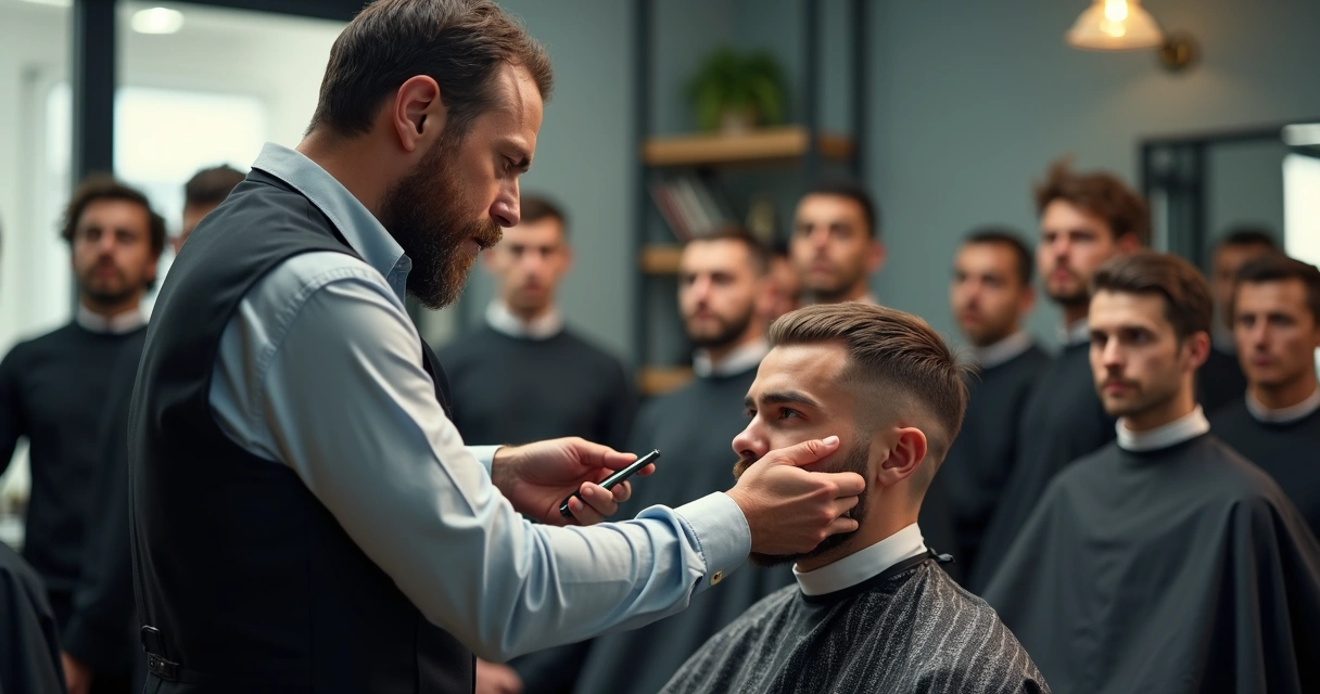Barber training session with beginners focusing on haircut basics. 