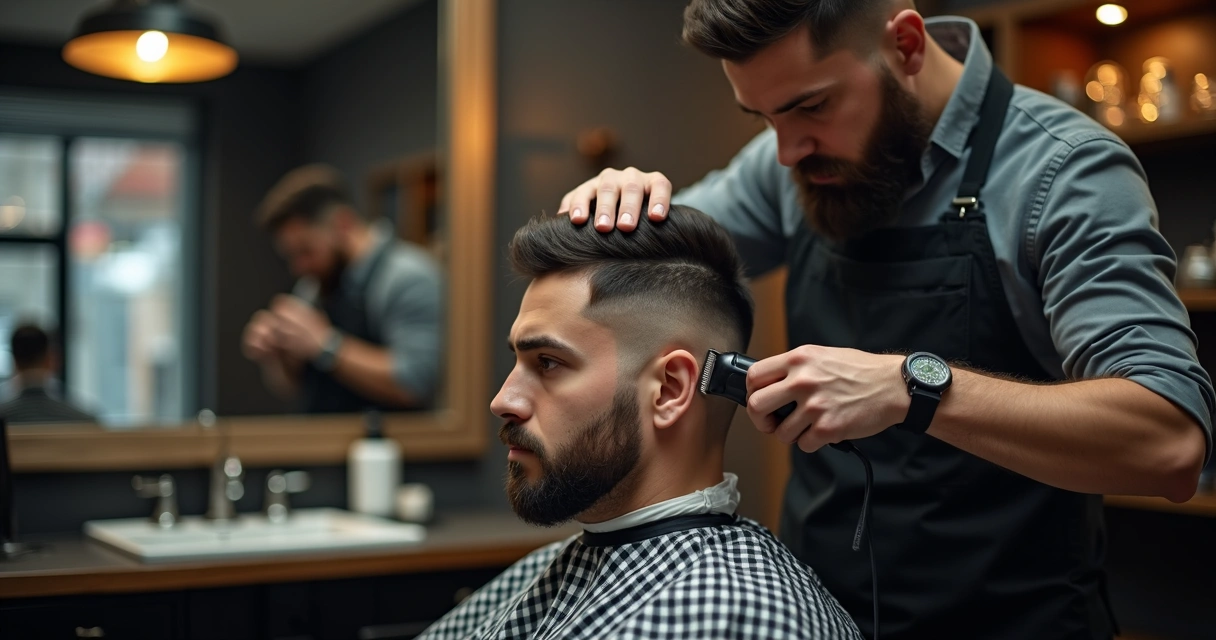 Barber trimming hair with clippers in a modern shop 