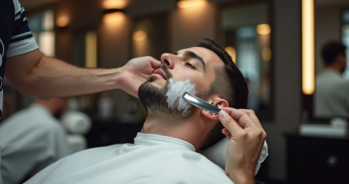 Barber performing a straight razor shave on a cheek 