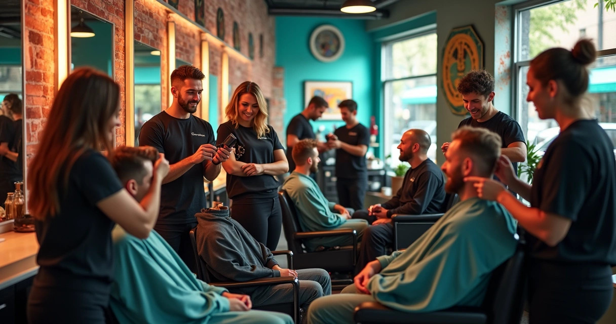 Barbershop scene with diverse professionals and clients enjoying the space together 