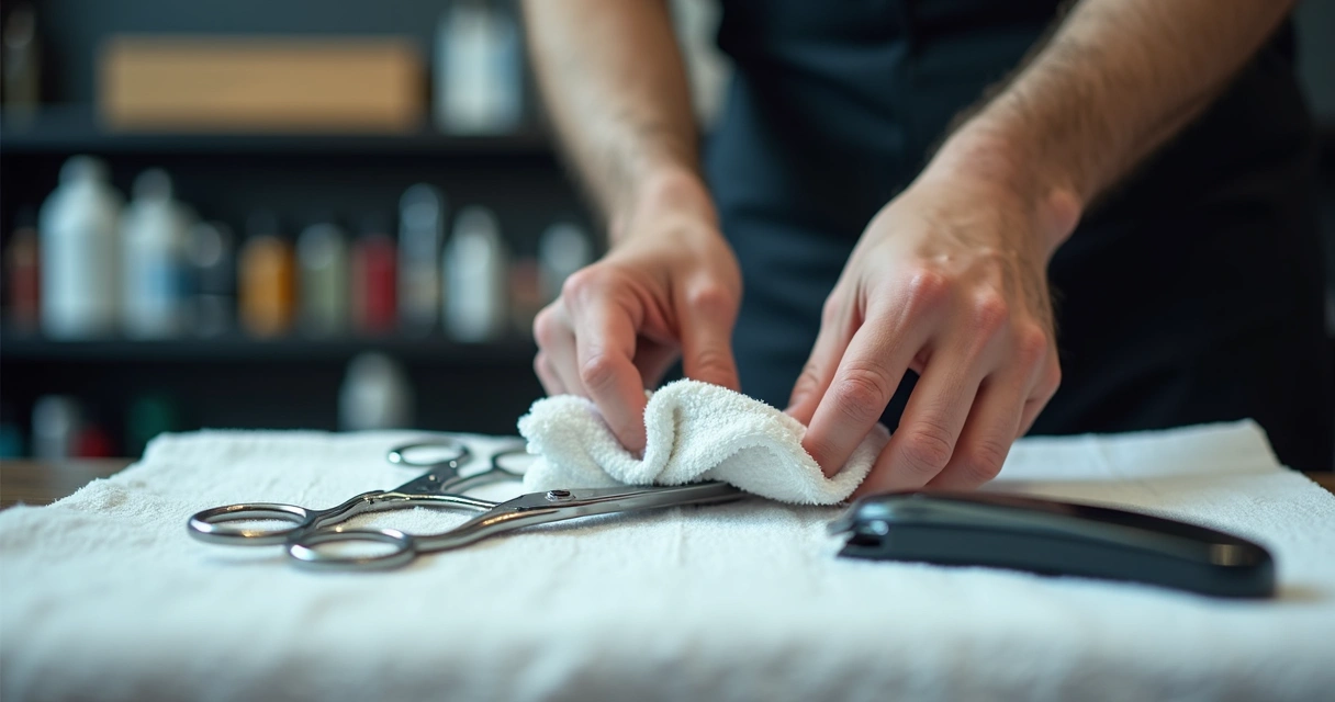 Barber cleaning tools at barbershop for hygiene. 