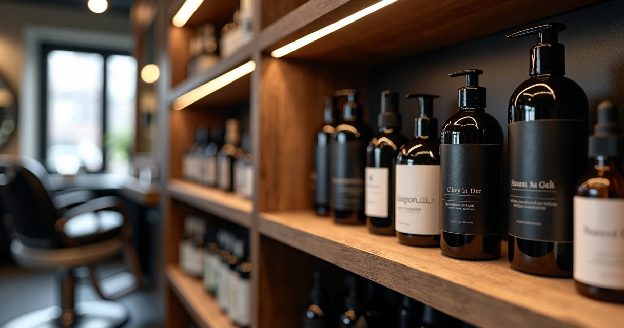 Barbershop shelf with labeled hair products and grooming jars