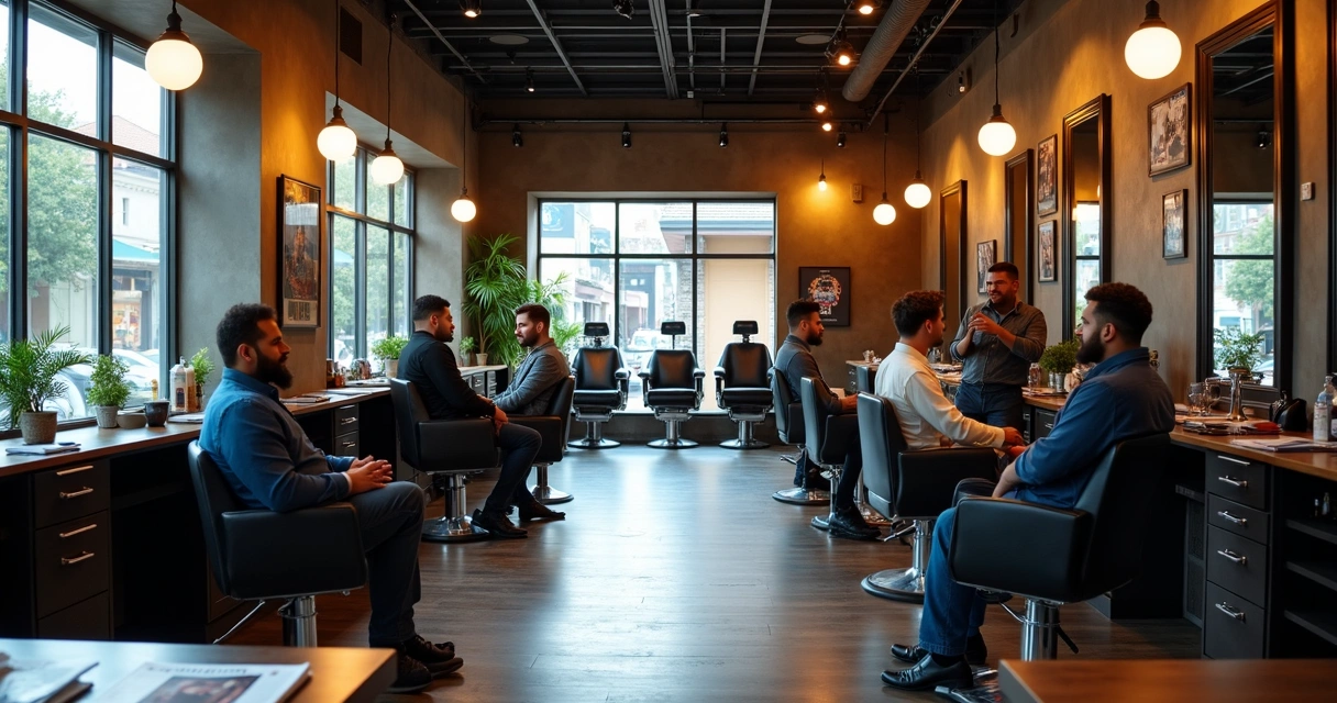 Modern barbershop waiting area with clients 