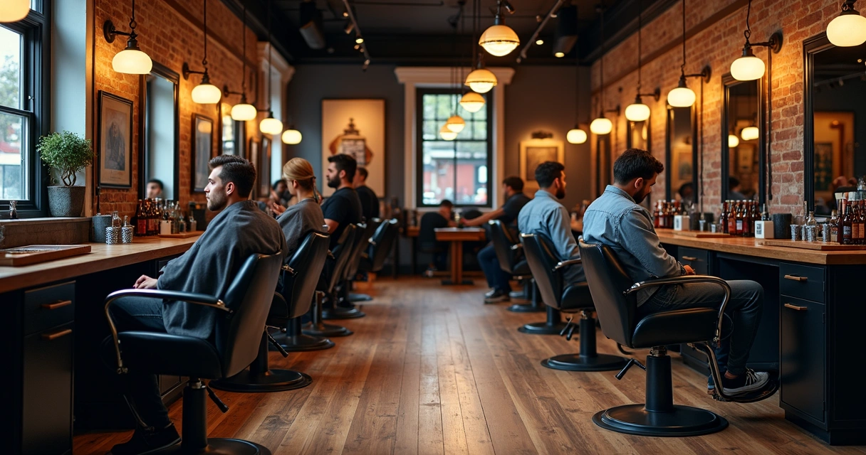 Modern barbershop lounge with clients talking and craft beer 