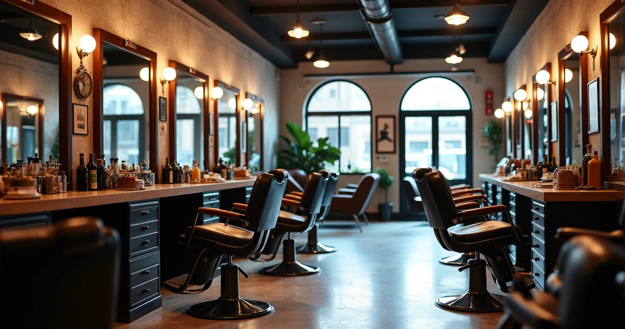 Modern barbershop interior with warm lighting and organized chairs 