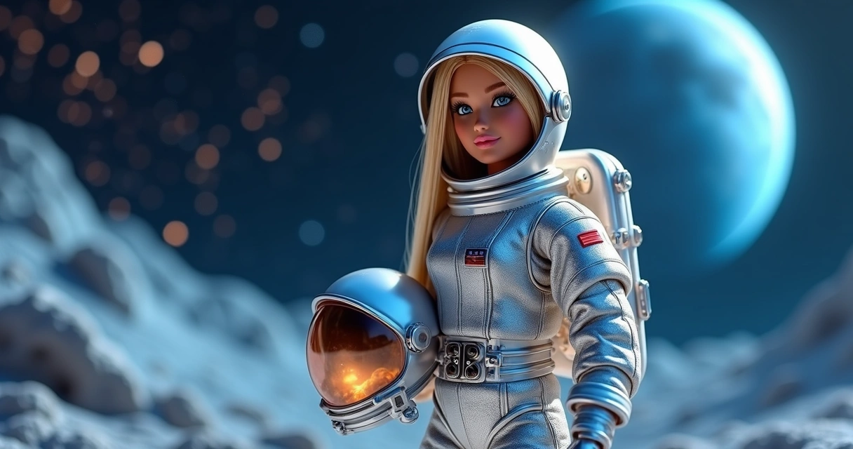 Barbie vestida de astronauta ao lado de planeta e estrelas brilhantes 