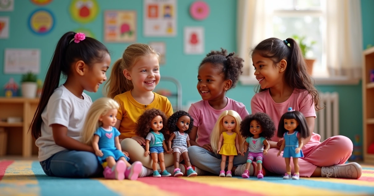 Crianças brincando com Barbies diversas em sala de aula colorida 