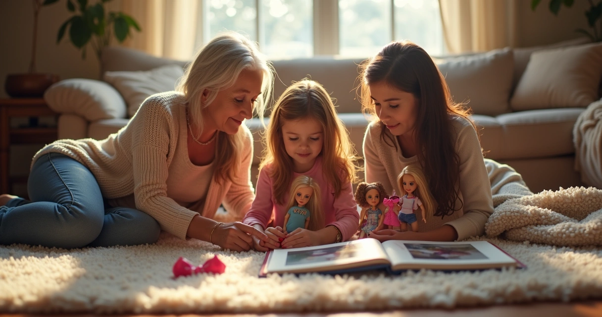 Avó, mãe e neta brincando com Barbies do passado e do presente na sala de estar 