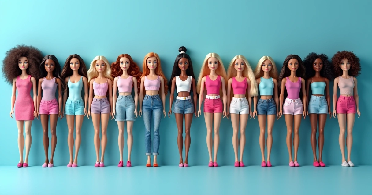 Barbies de várias etnias e corpos diferentes em fila no chão azul claro 