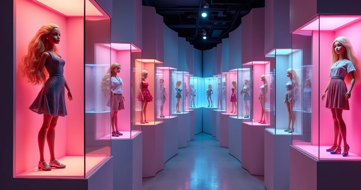 Barbies de edição especial em expositores coloridos, destacando figurinos elaborados 