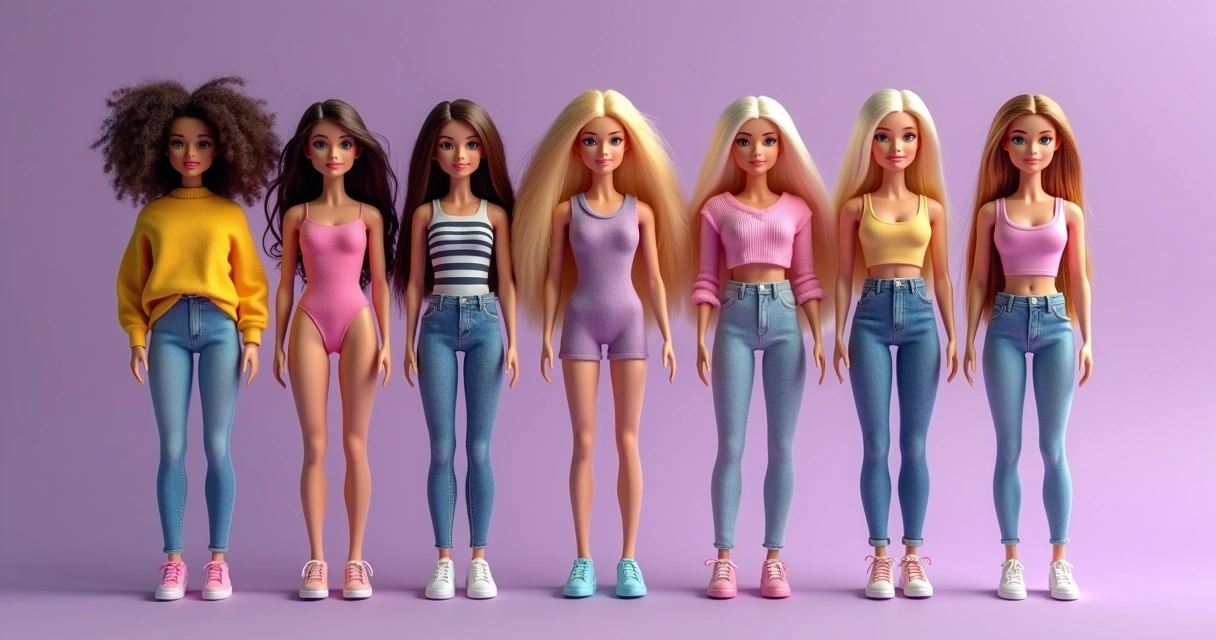 Barbies com tipos de corpos variados incluindo plus size em fundo lilás 
