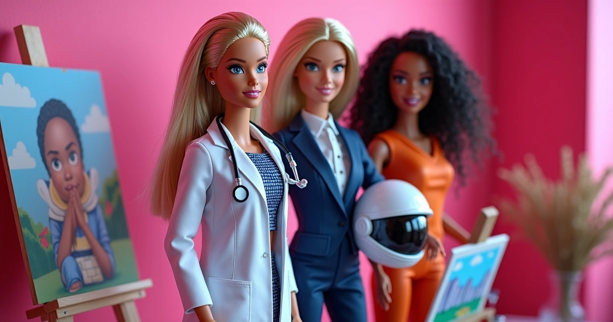 Barbies de diferentes profissões, como médica, astronauta e pintora, em pé em uma estante 