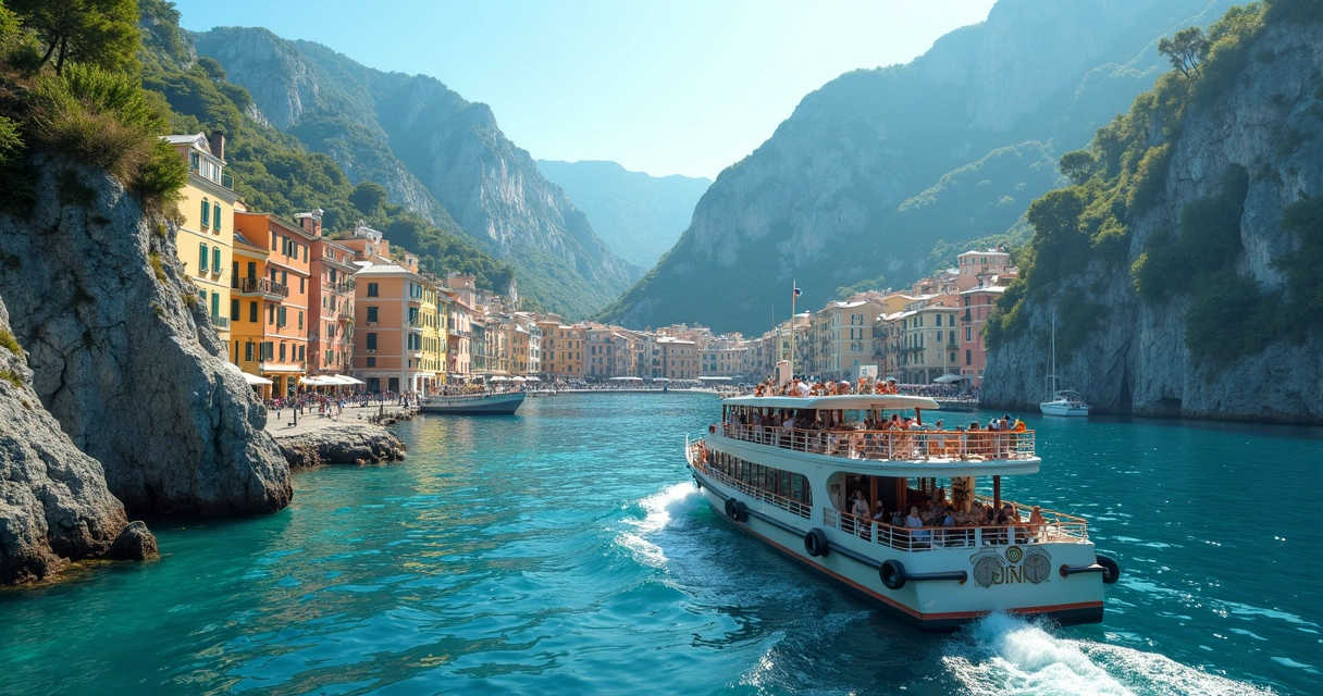 Barco ferry navegando entre vilarejos na Costa Amalfitana 