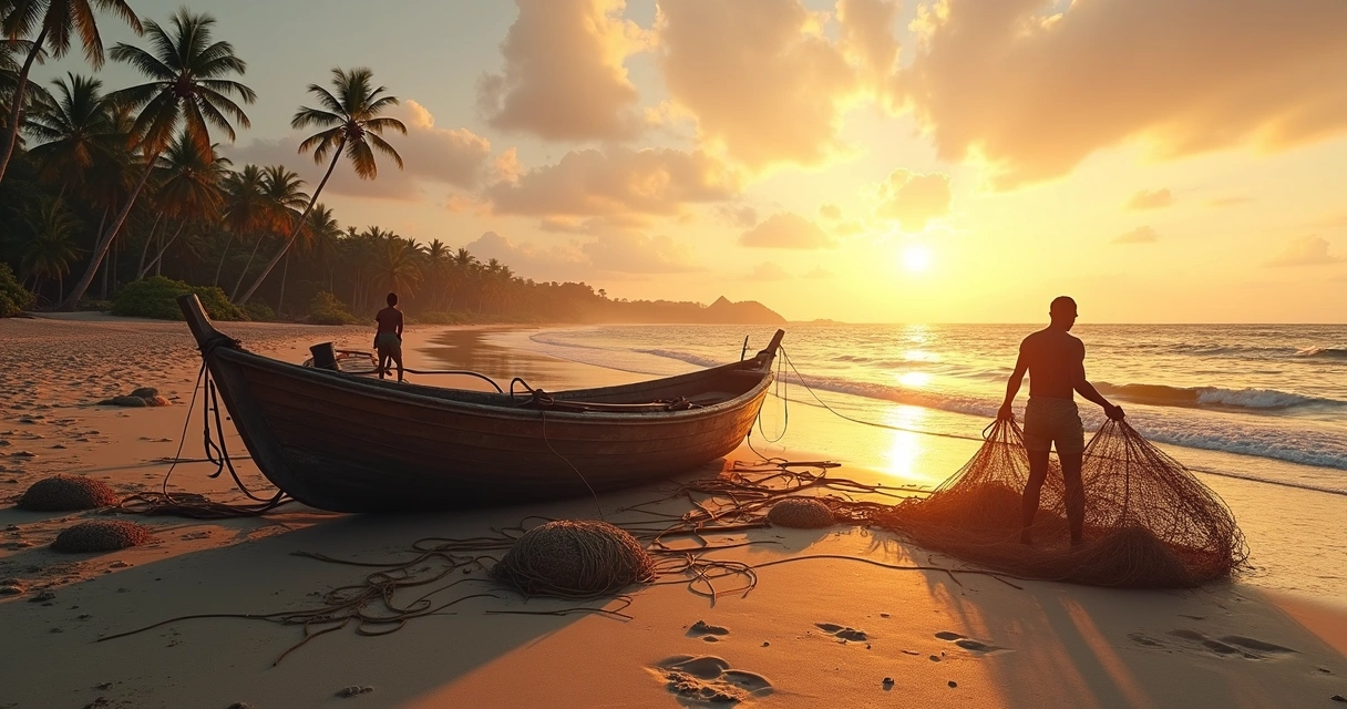 Barco de pesca artesanal na praia ao amanhecer