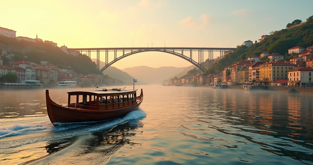 Barco rabelo navegando no rio Douro junto à Ponte Luís I 
