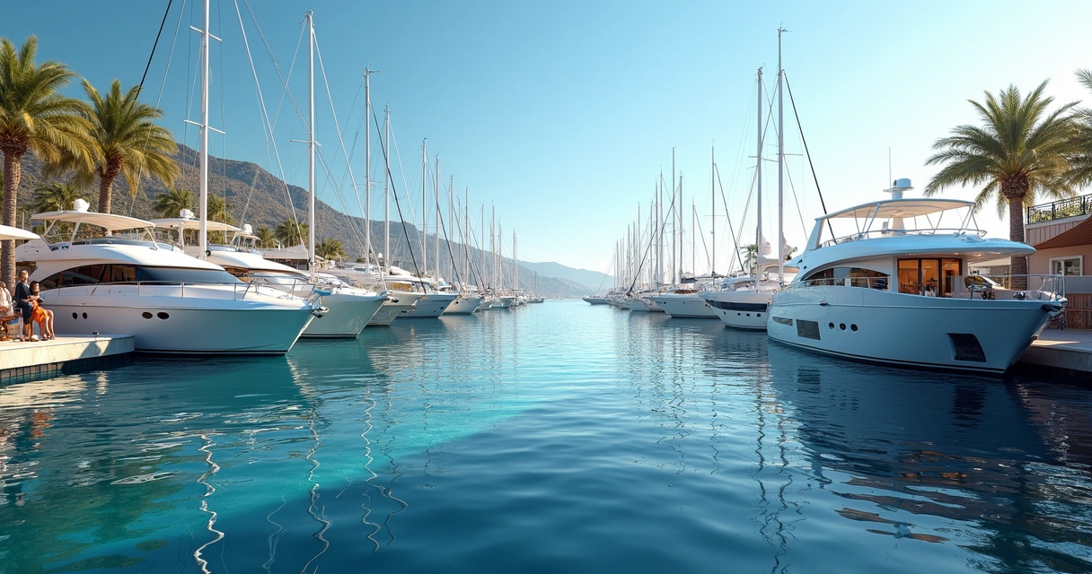 Barcos de diferentes tamanhos atracados em marina, céu azul e águas calmas 
