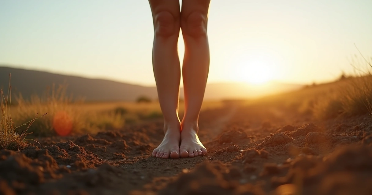 Bare feet on soil during outdoor breathing practice 