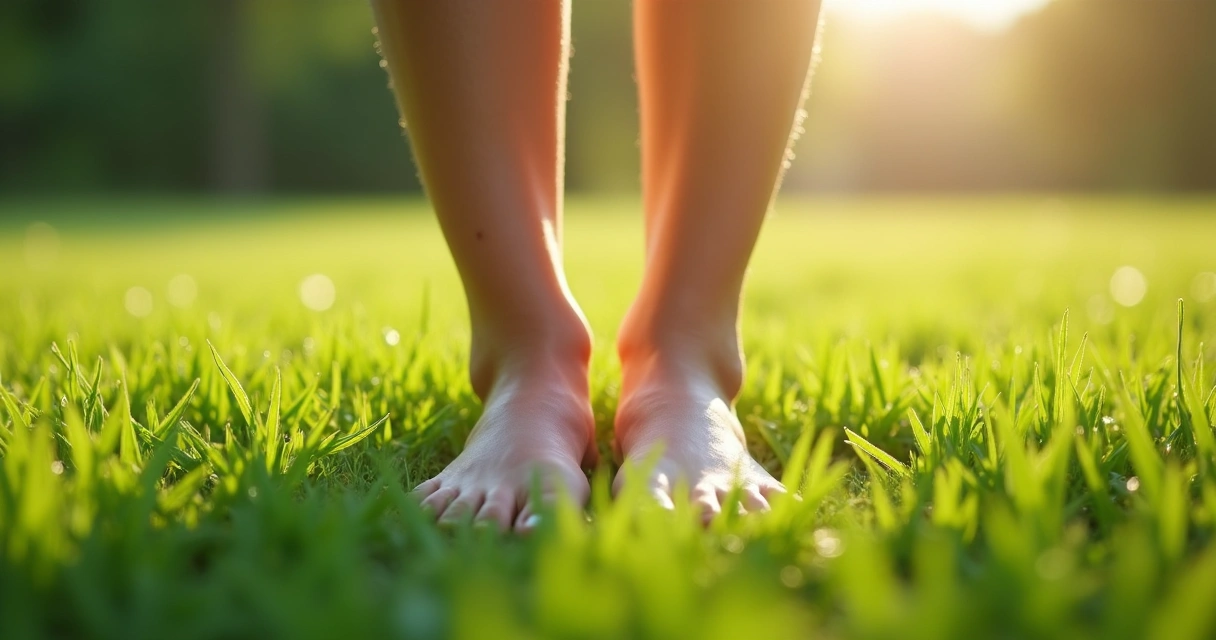 Bare feet standing on green grass. 