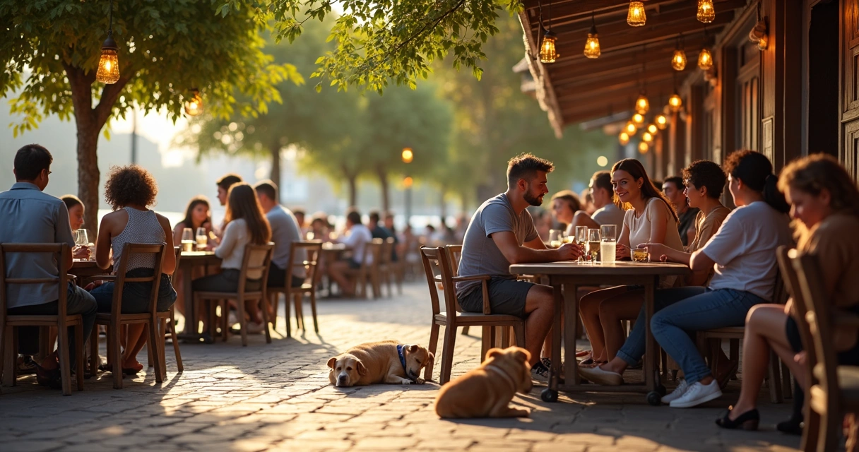 Pessoas com cachorros em um bar ao ar livre em Rio Preto 