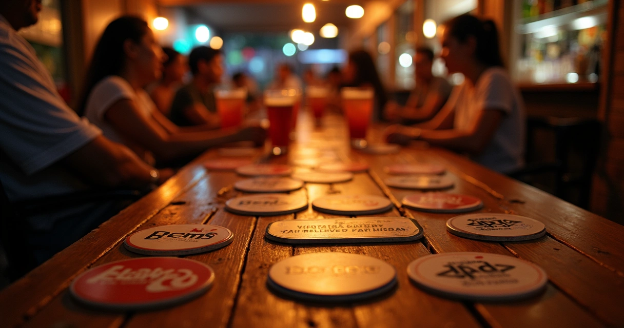 Porta-copos de marca distribuídos em mesas de bar em Manaus 