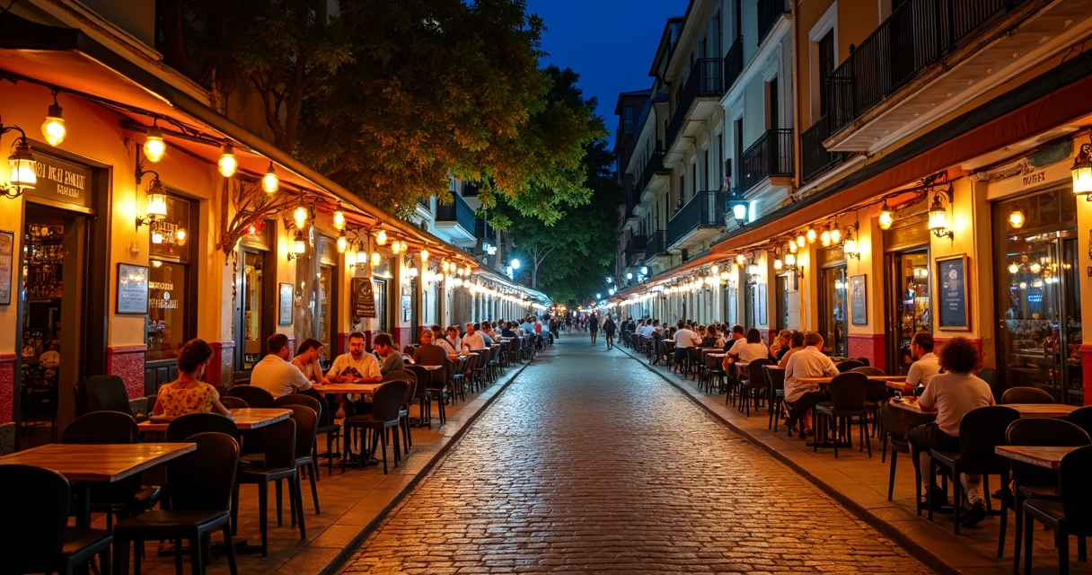 Bares iluminados à noite em São José do Rio Preto com pessoas conversando