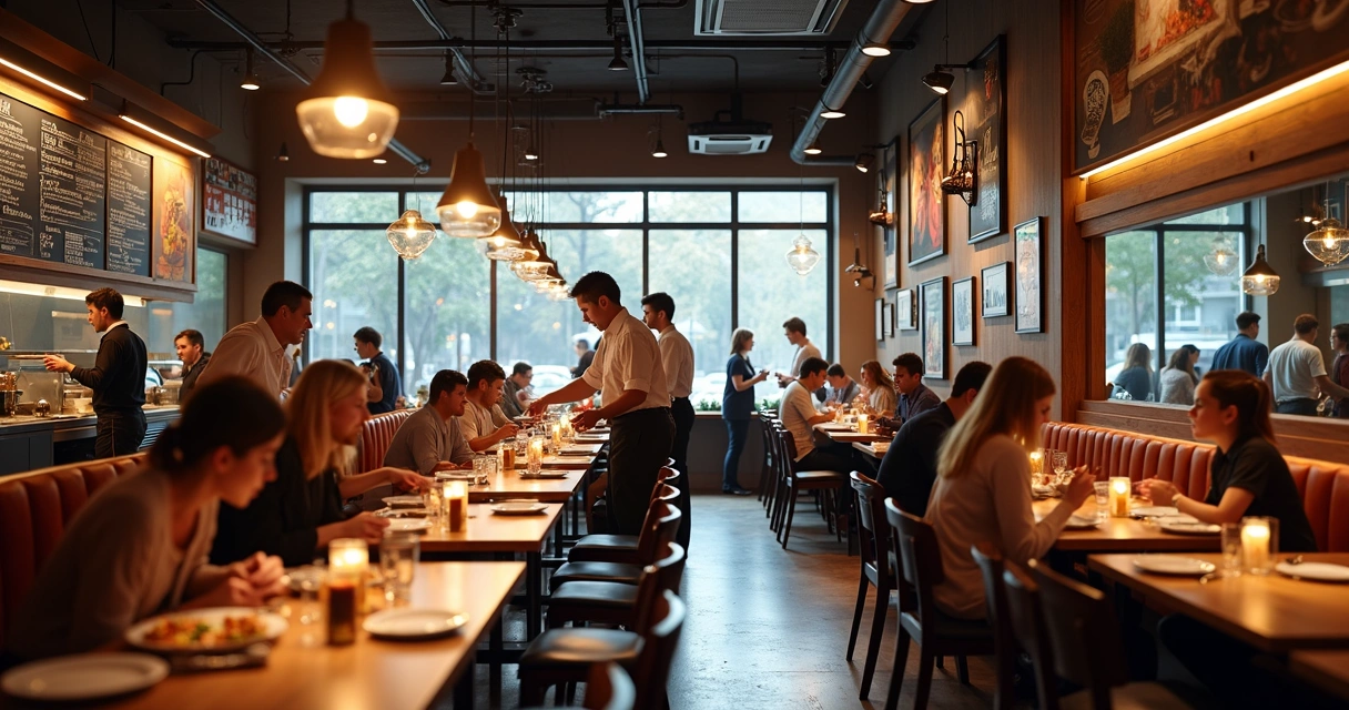 Interior de restaurante moderno com clientes, garçons, pratos servidos e clima acolhedor