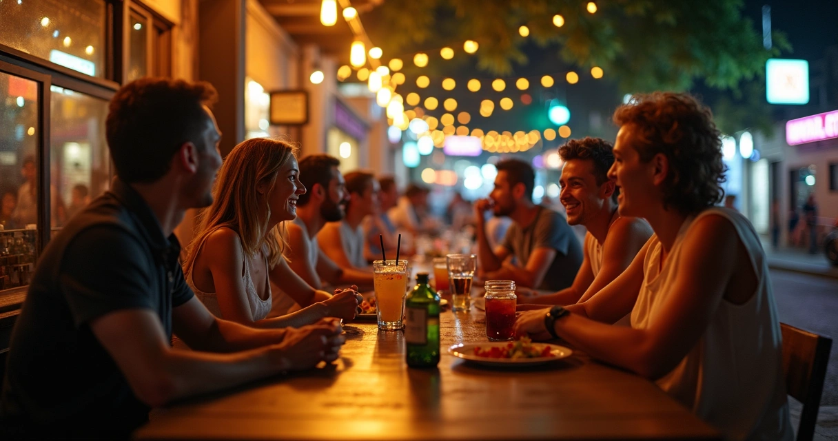 Vista de vários bares e pessoas conversando à noite em Rio Preto